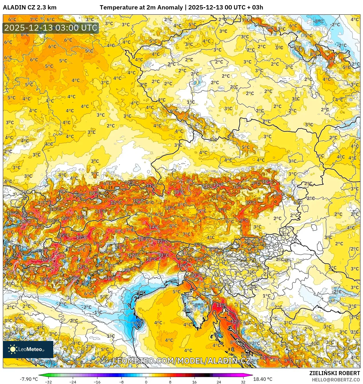 ALADIN CZ 2.3 km model - Austria, Temperature at 2m Anomaly