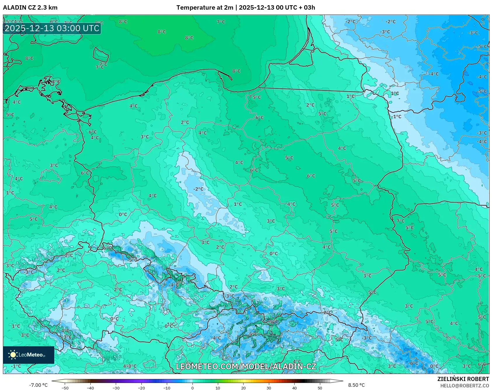 ALADIN CZ 2.3 km model - Polandia, Suhu 2 m
