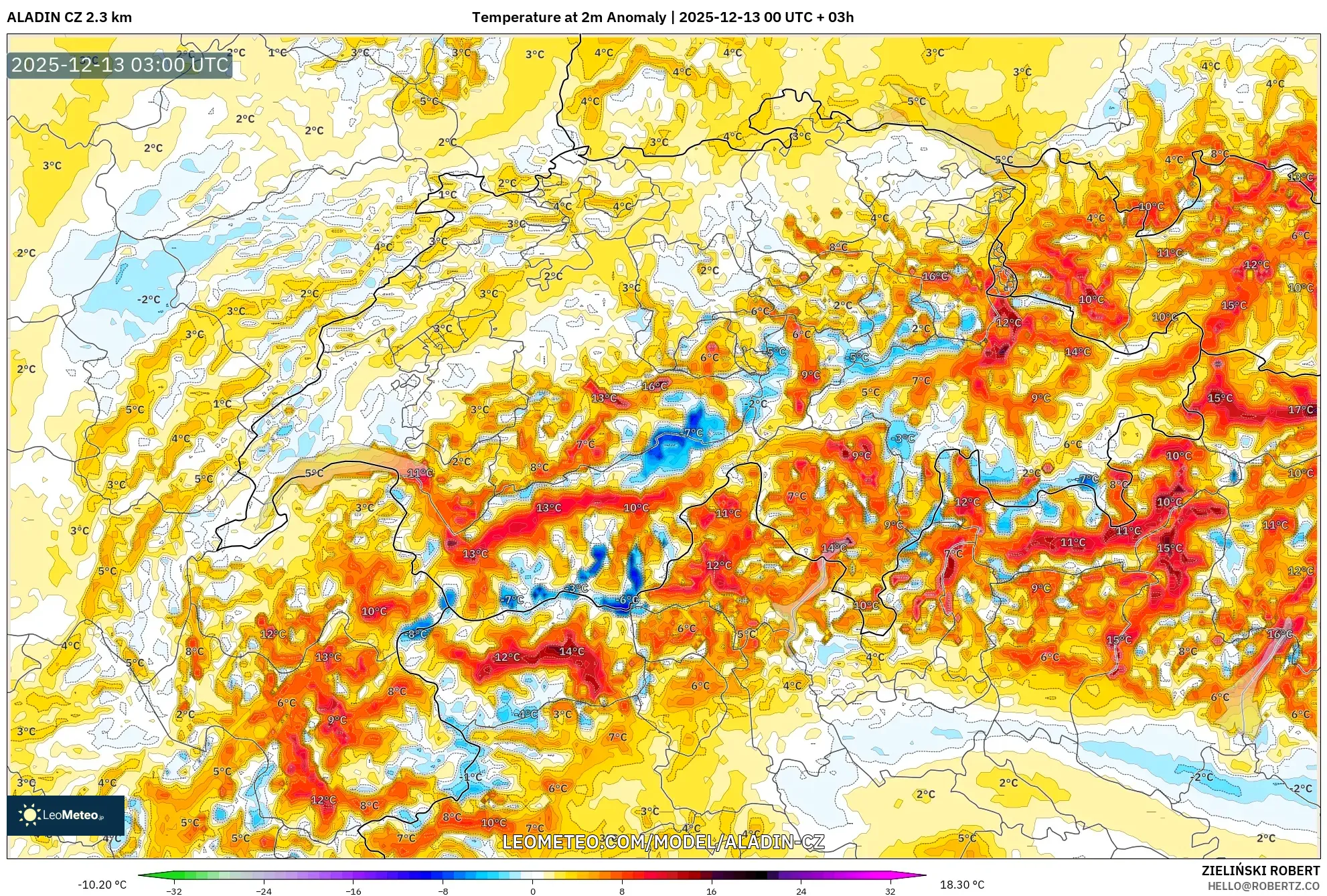 ALADIN CZ 2.3 km model - Switzerland, Temperature at 2m Anomaly