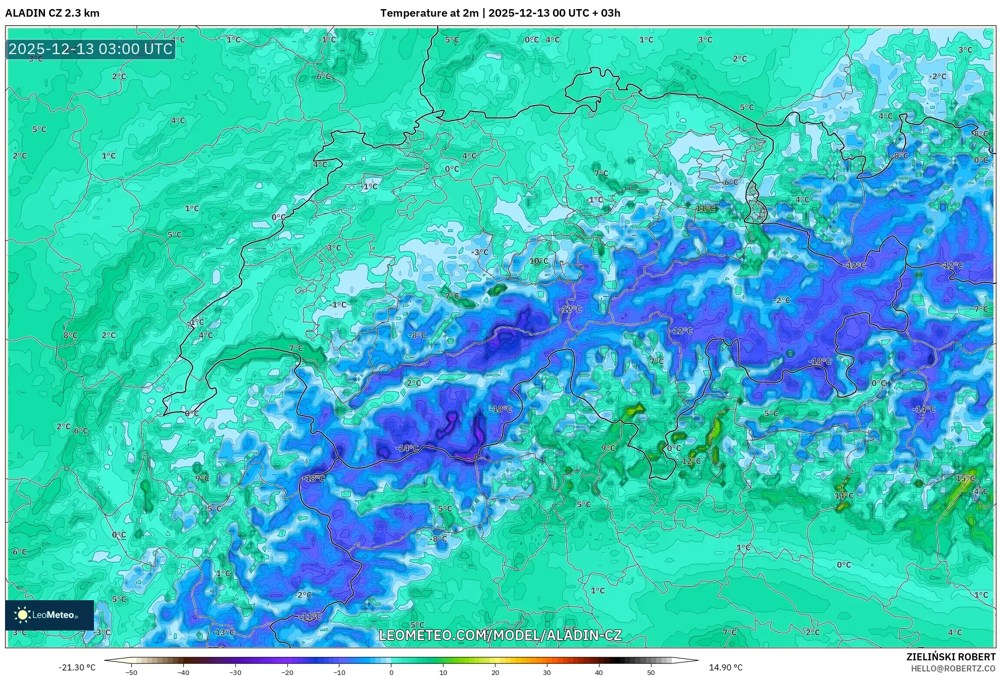ALADIN CZ 2.3 km model - Switzerland, Temperature at 2m