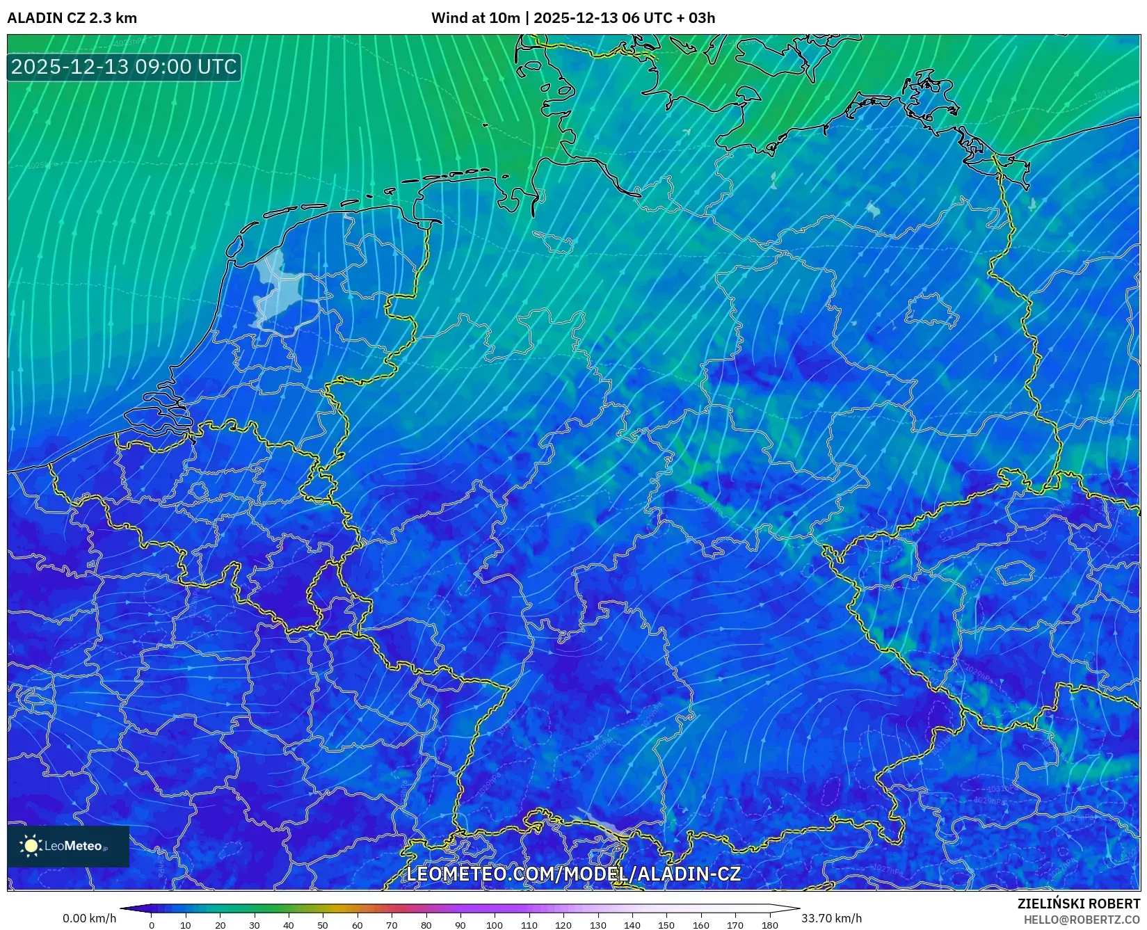 ALADIN CZ 2.3 km model - Jerman, Angin 10 m