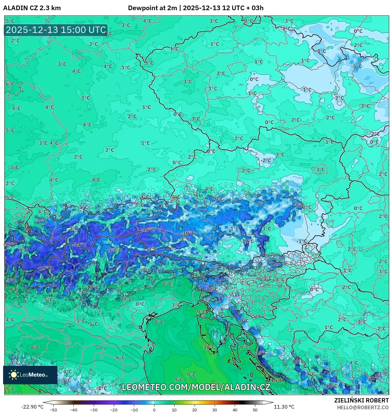 ALADIN CZ 2.3 km model - Austria, Titik Embun 2 m