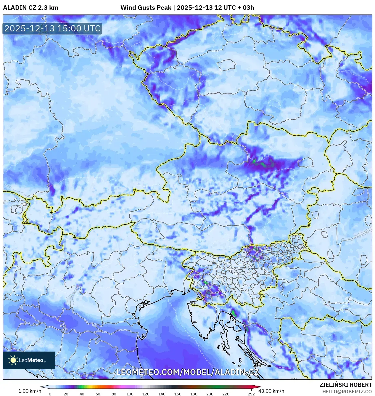 ALADIN CZ 2.3 km model - Austria, Puncak Hembusan