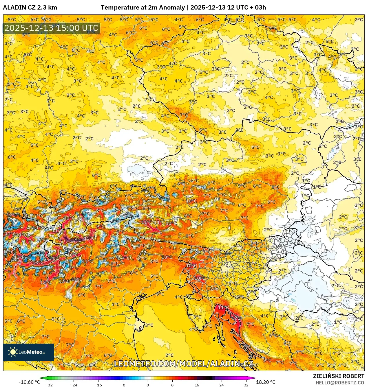 ALADIN CZ 2.3 km model - Austria, Anomali Suhu 2 m