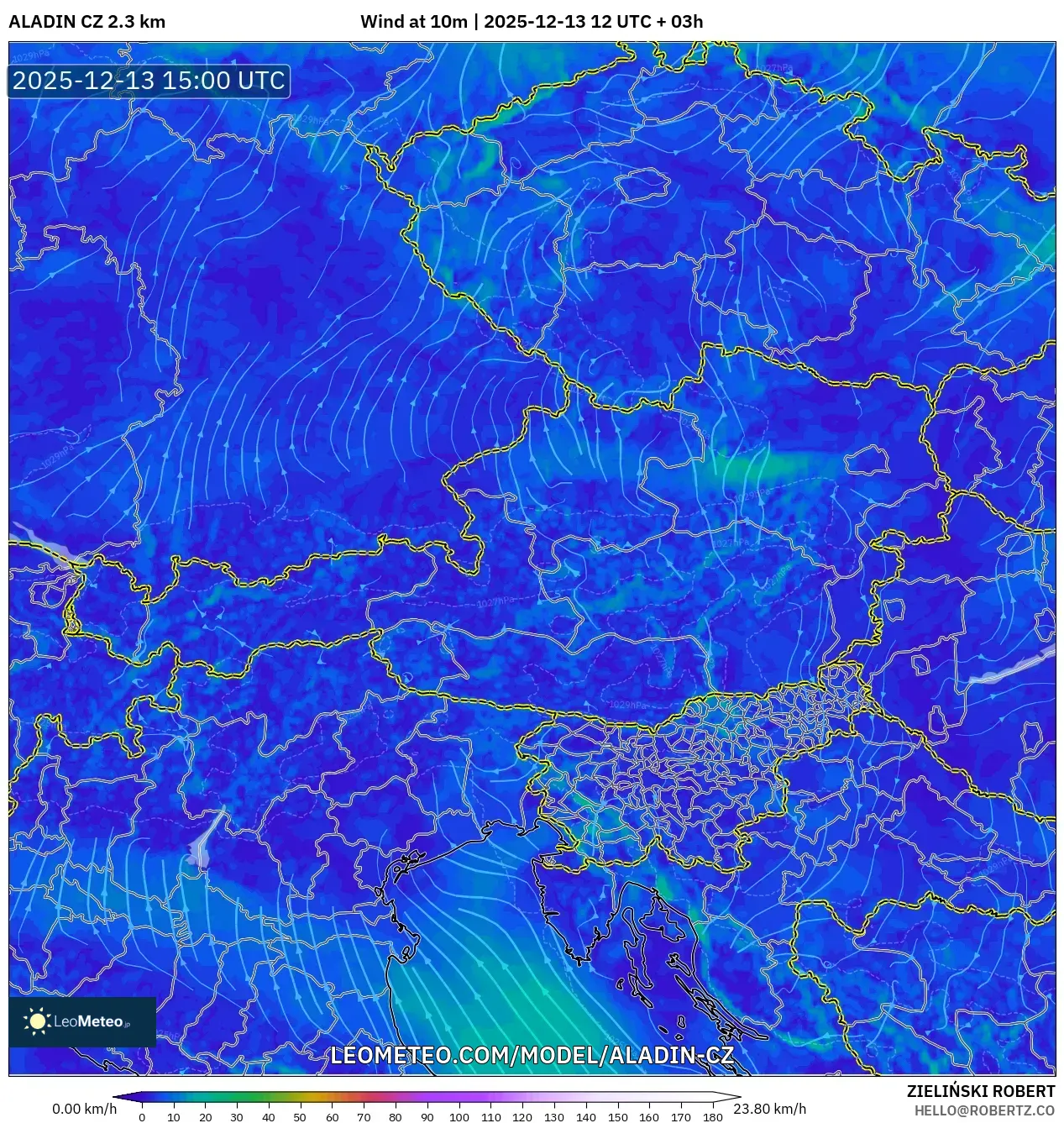 ALADIN CZ 2.3 km model - Austria, Angin 10 m