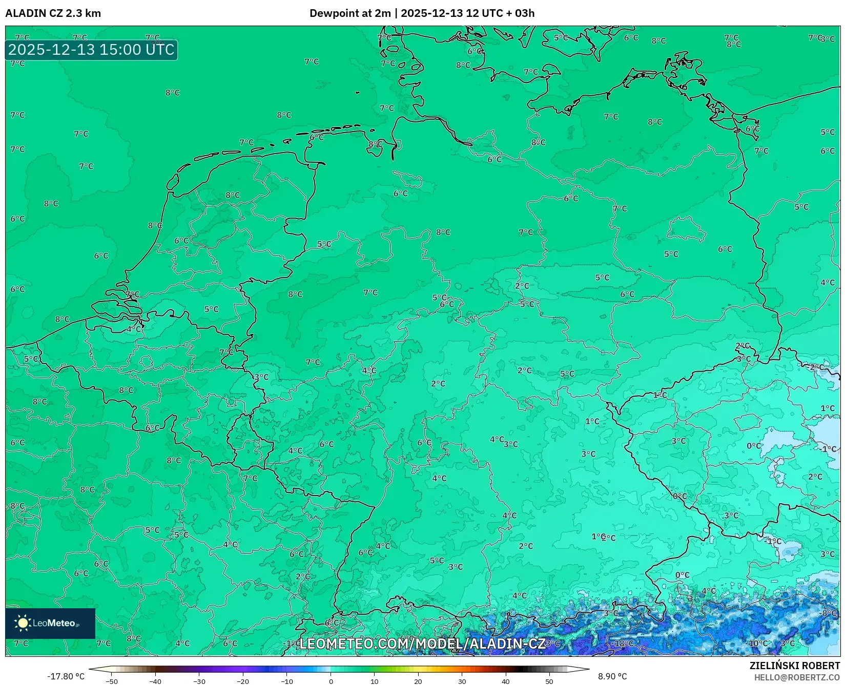 ALADIN CZ 2.3 km model - Jerman, Titik Embun 2 m