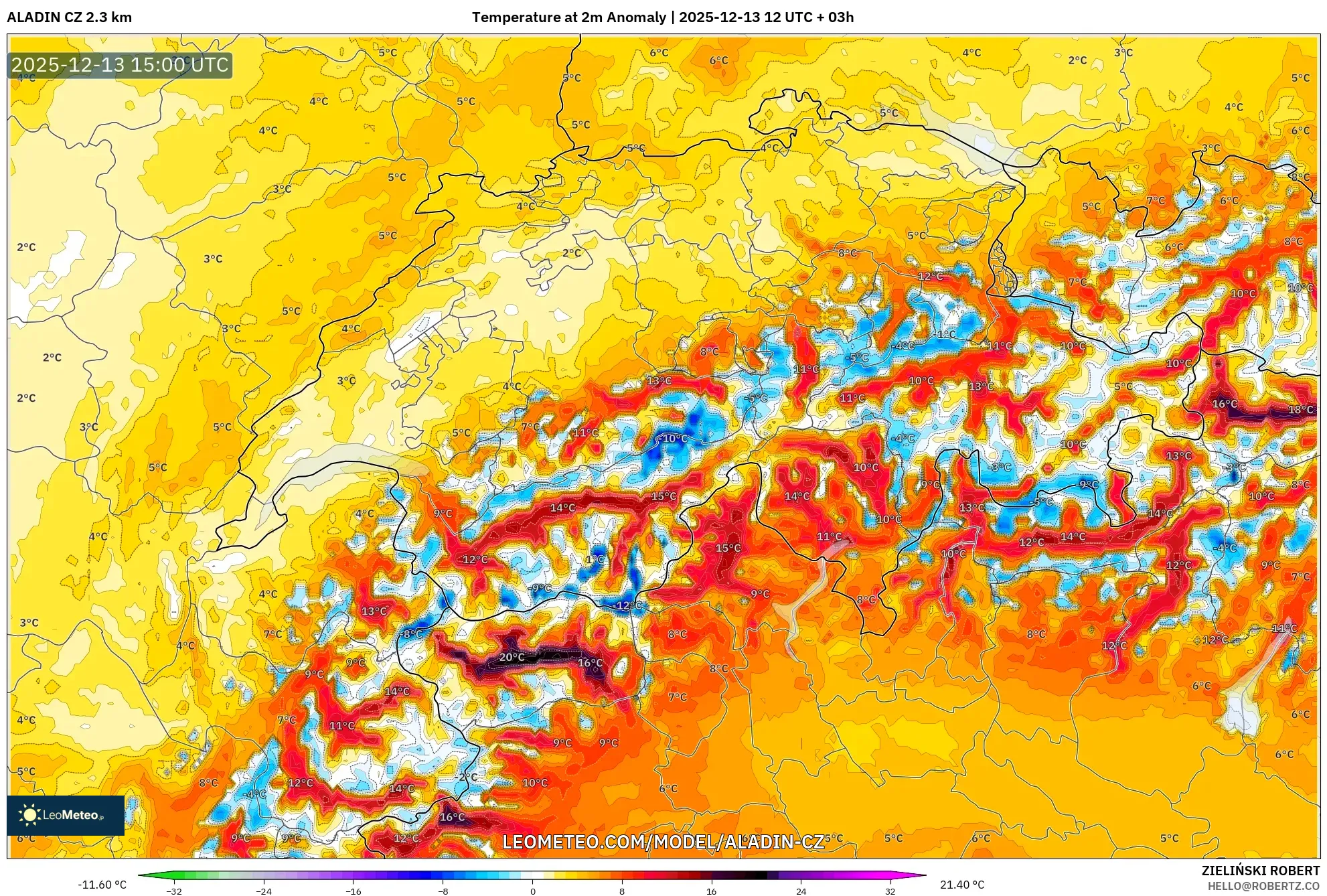 ALADIN CZ 2.3 km model - Swiss, Anomali Suhu 2 m