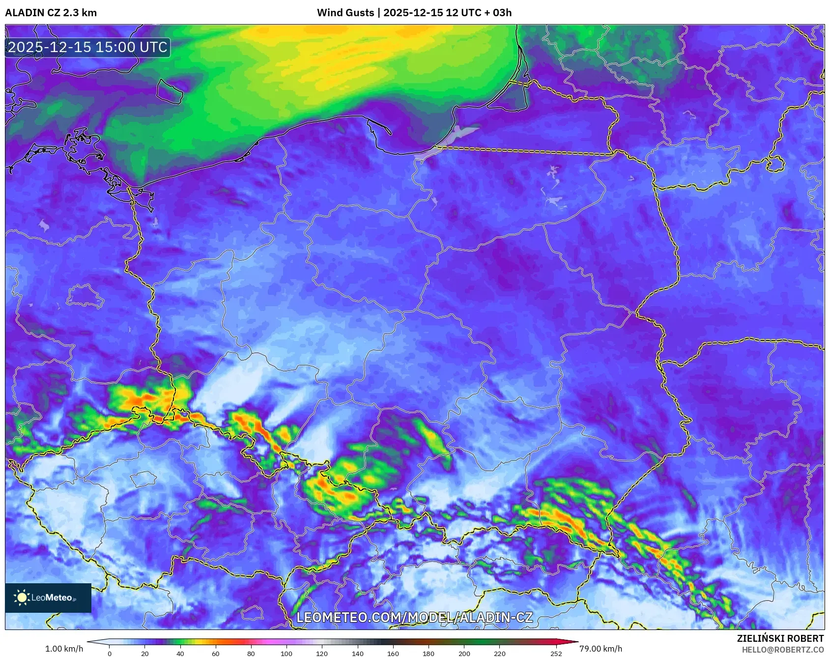 ALADIN CZ 2.3 km model - Poland, Wind Gusts