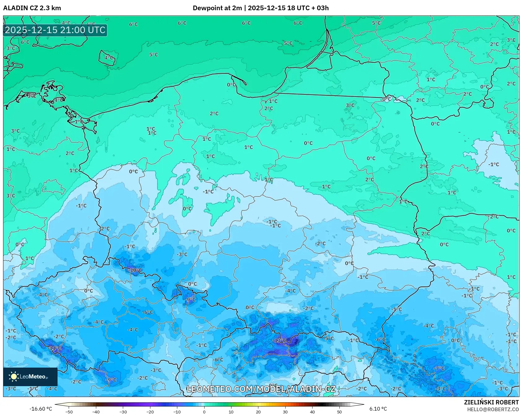 ALADIN CZ 2.3 km model - Poland, Dewpoint at 2m