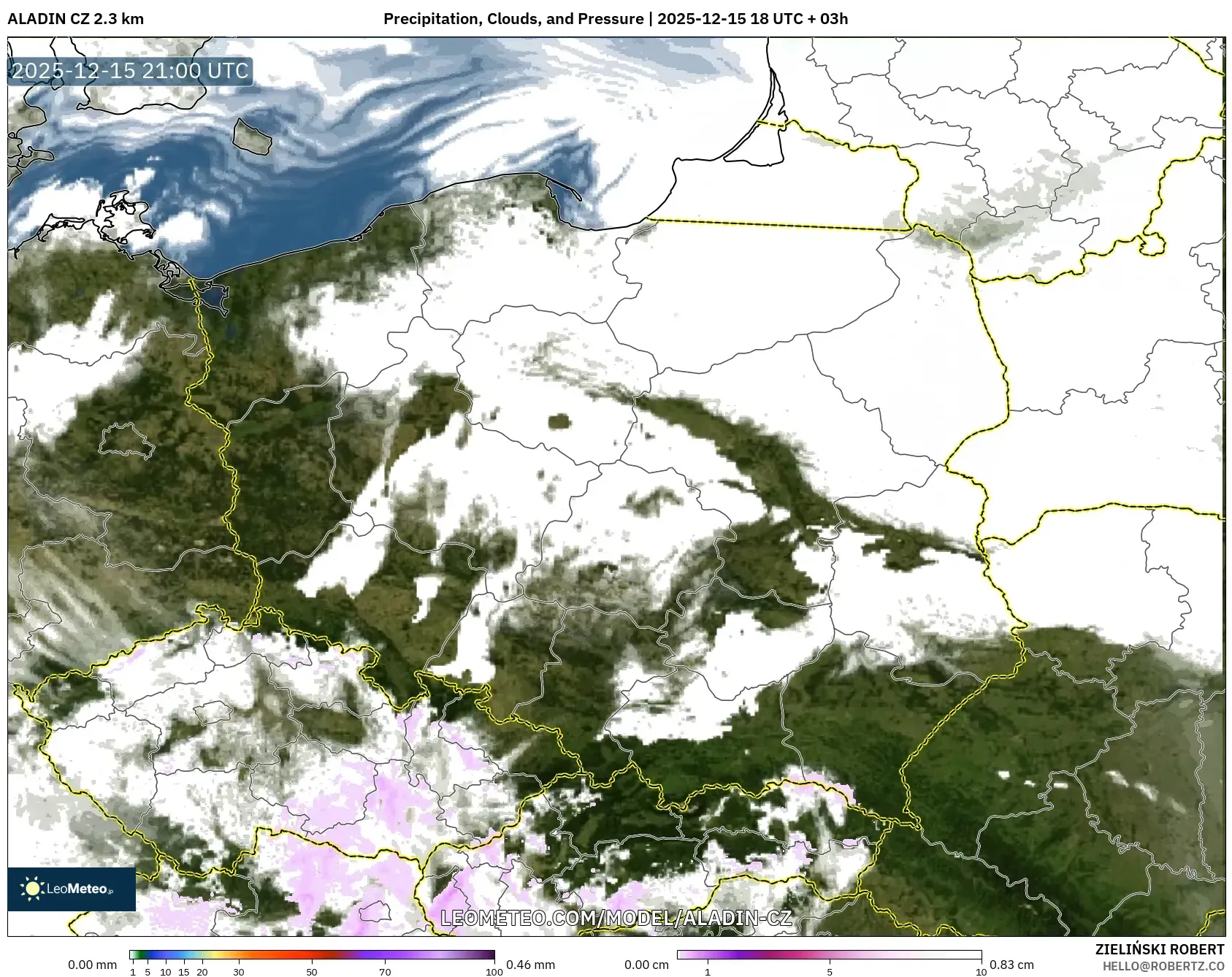 ALADIN CZ 2.3 km model - Poland, Precipitation, Clouds, and Pressure