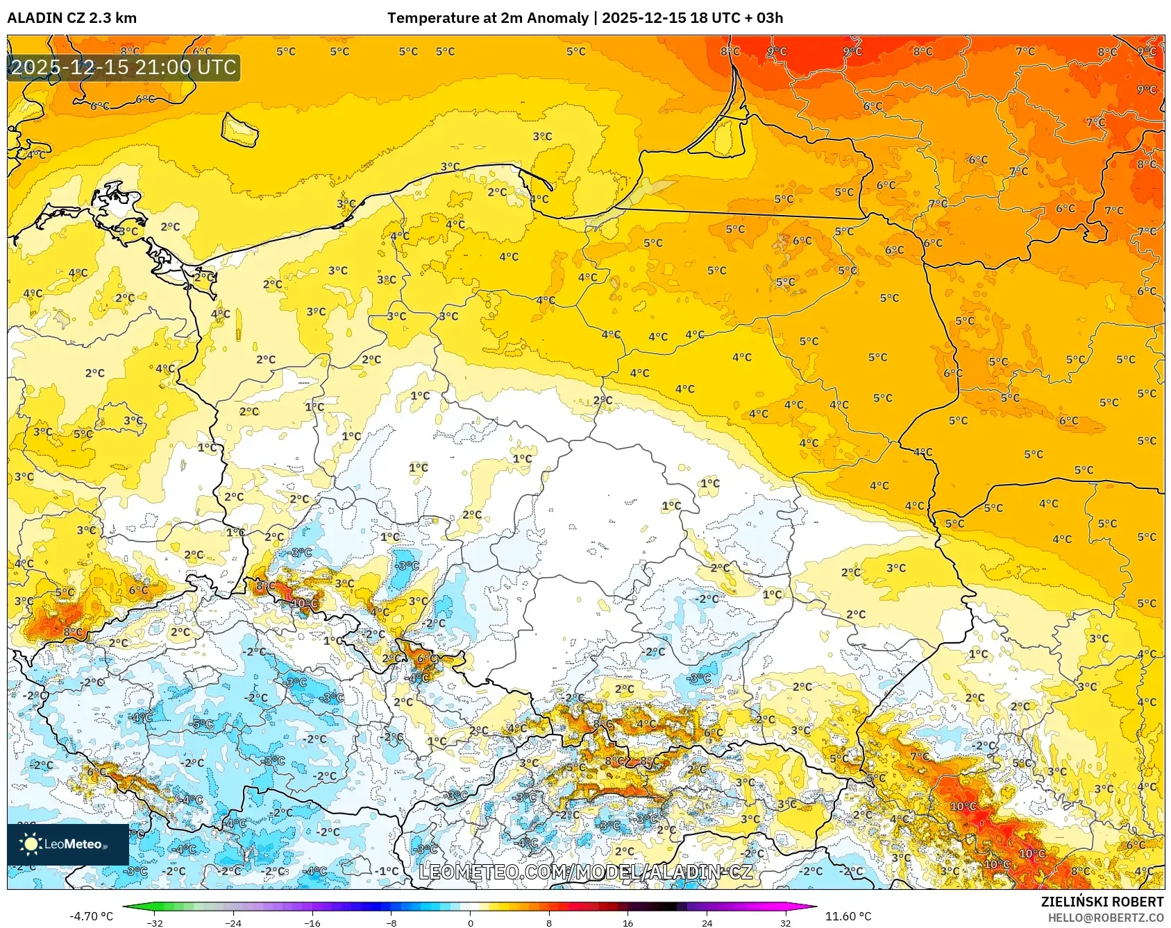ALADIN CZ 2.3 km model - Poland, Temperature at 2m Anomaly