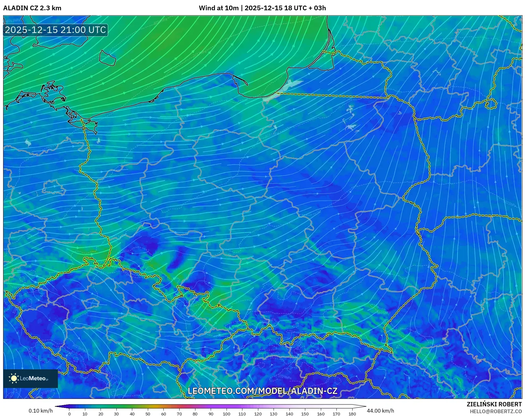 ALADIN CZ 2.3 km model - Poland, Wind at 10m