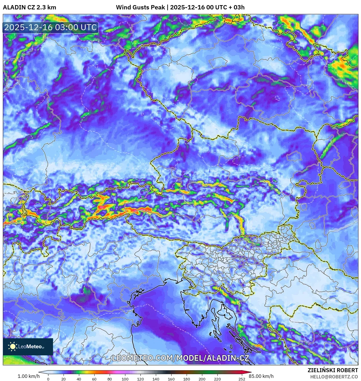 ALADIN CZ 2.3 km model - Austria, Wind Gusts Peak