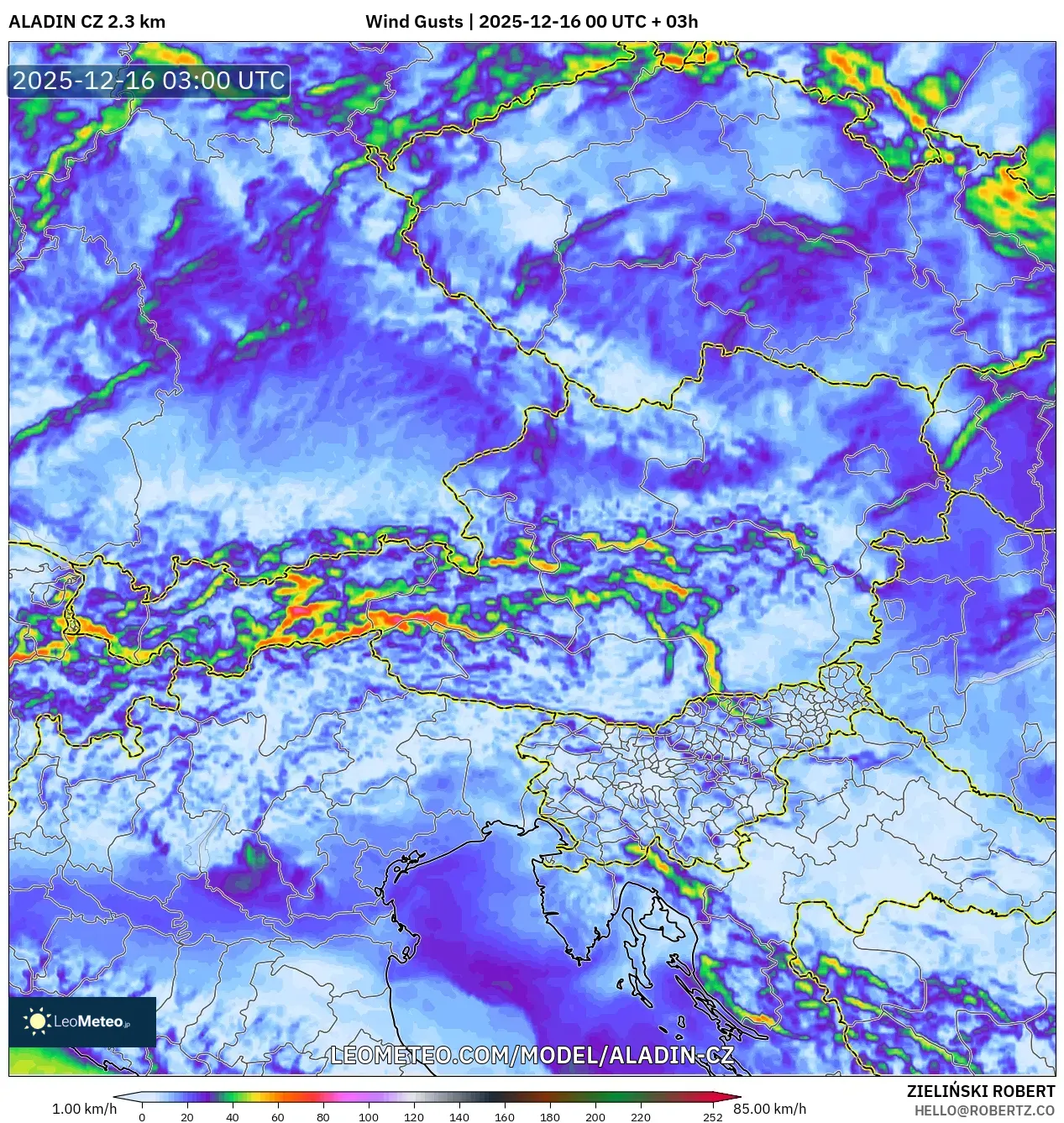 ALADIN CZ 2.3 km model - Austria, Wind Gusts