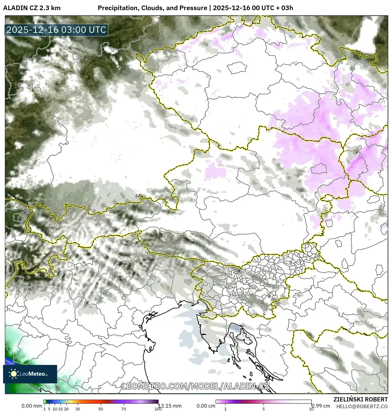 ALADIN CZ 2.3 km model - Austria, Precipitation, Clouds, and Pressure