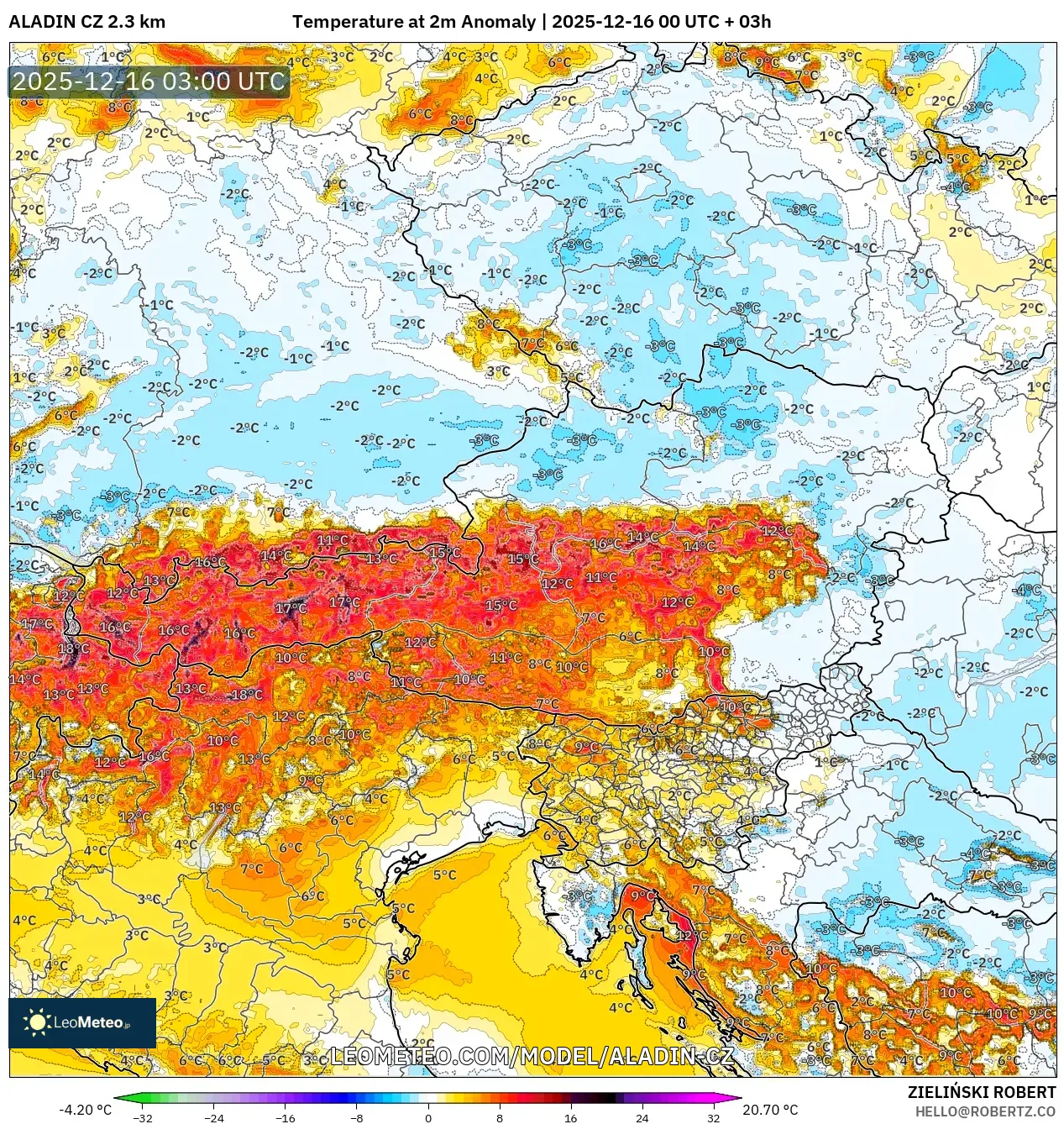 ALADIN CZ 2.3 km model - Austria, Temperature at 2m Anomaly