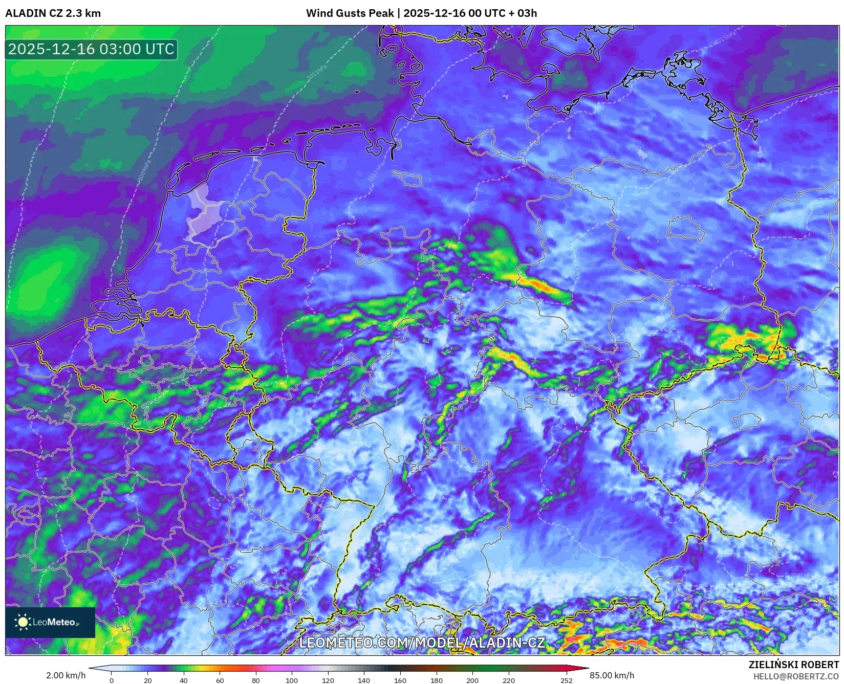 ALADIN CZ 2.3 km model - Germany, Wind Gusts Peak