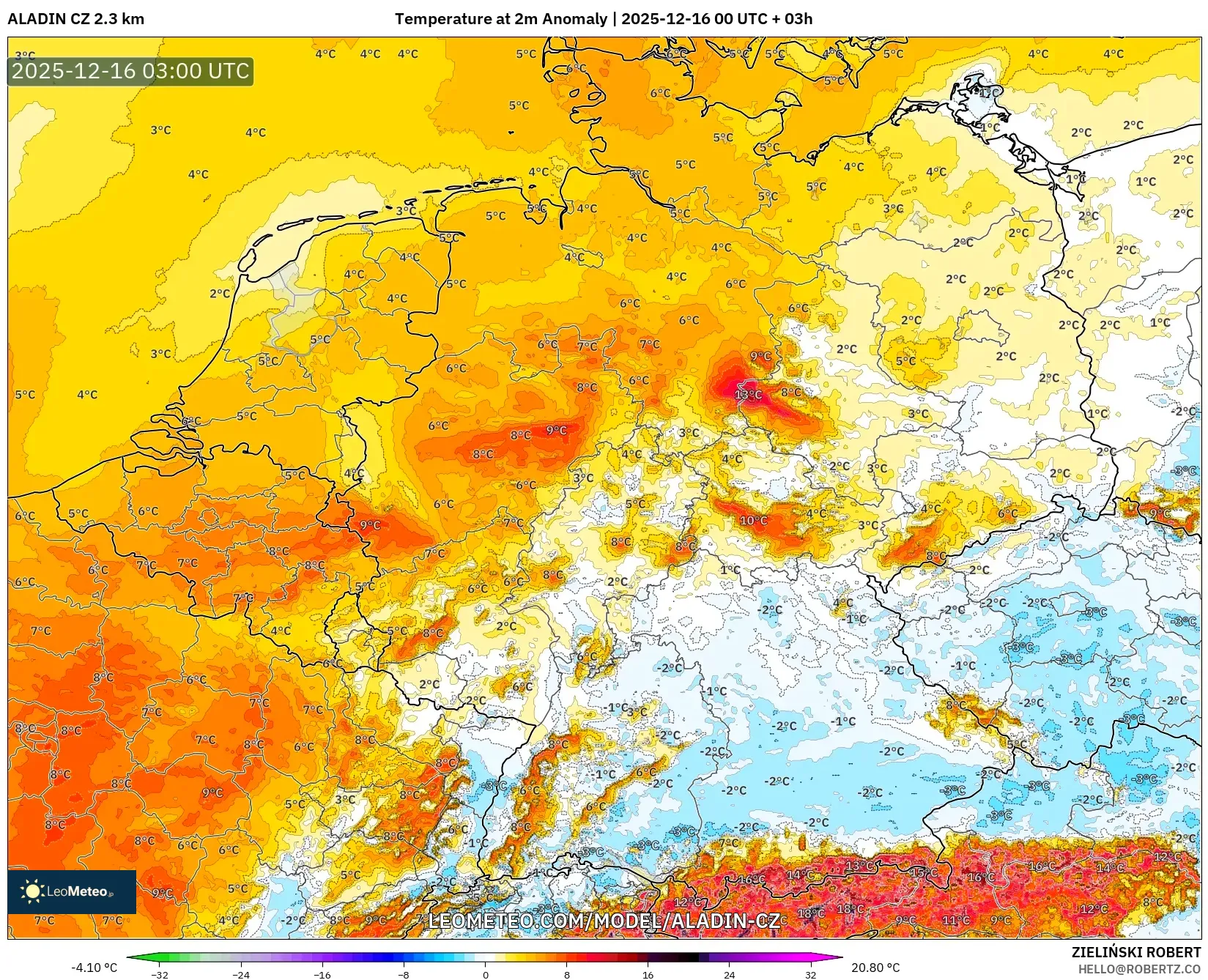ALADIN CZ 2.3 km model - Germany, Temperature at 2m Anomaly
