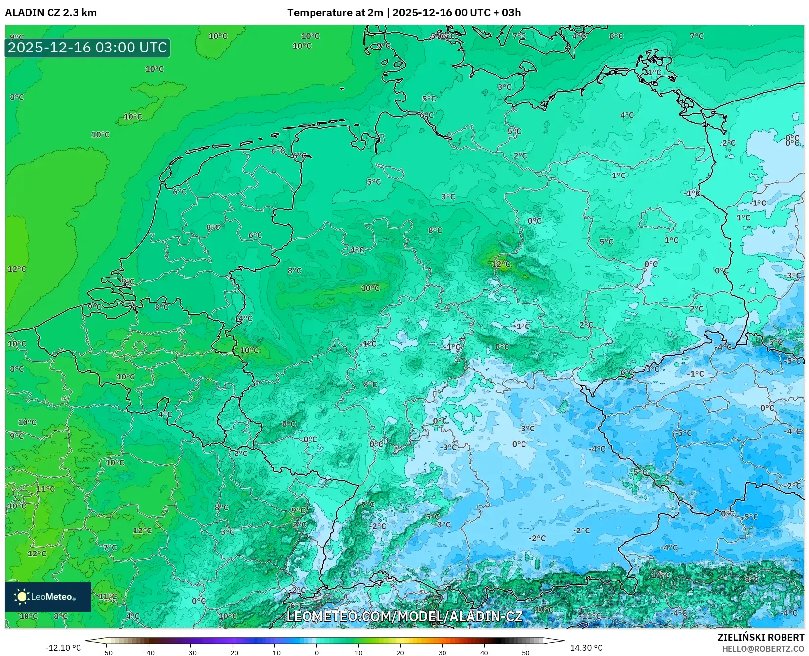 ALADIN CZ 2.3 km model - Germany, Temperature at 2m