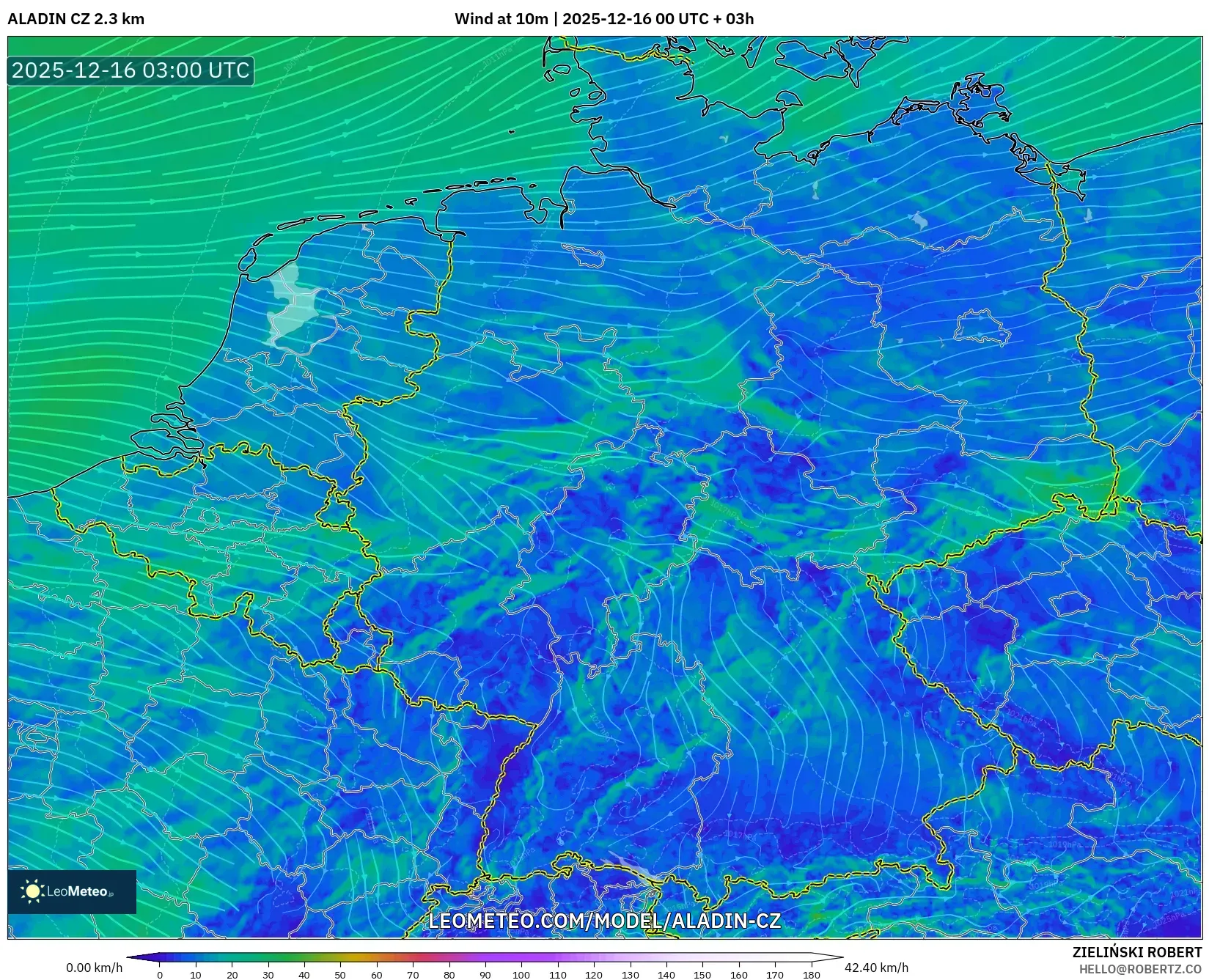 ALADIN CZ 2.3 km model - Germany, Wind at 10m
