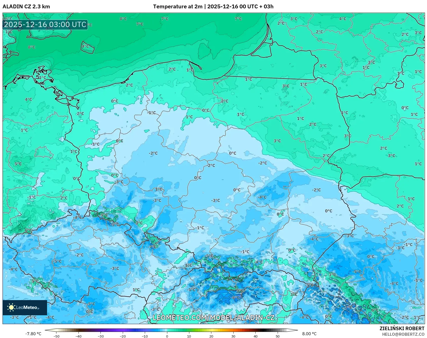 ALADIN CZ 2.3 km model - Poland, Temperature at 2m