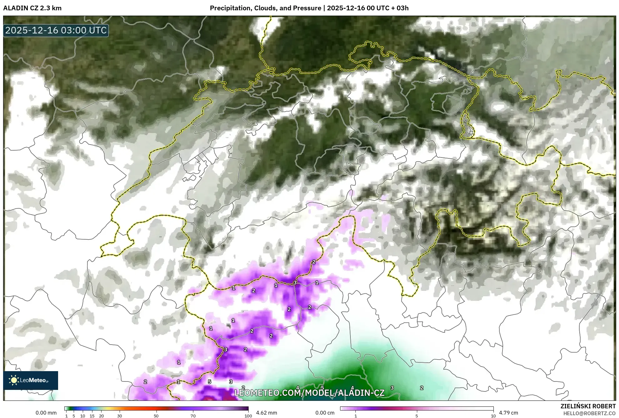 ALADIN CZ 2.3 km model - Switzerland, Precipitation, Clouds, and Pressure