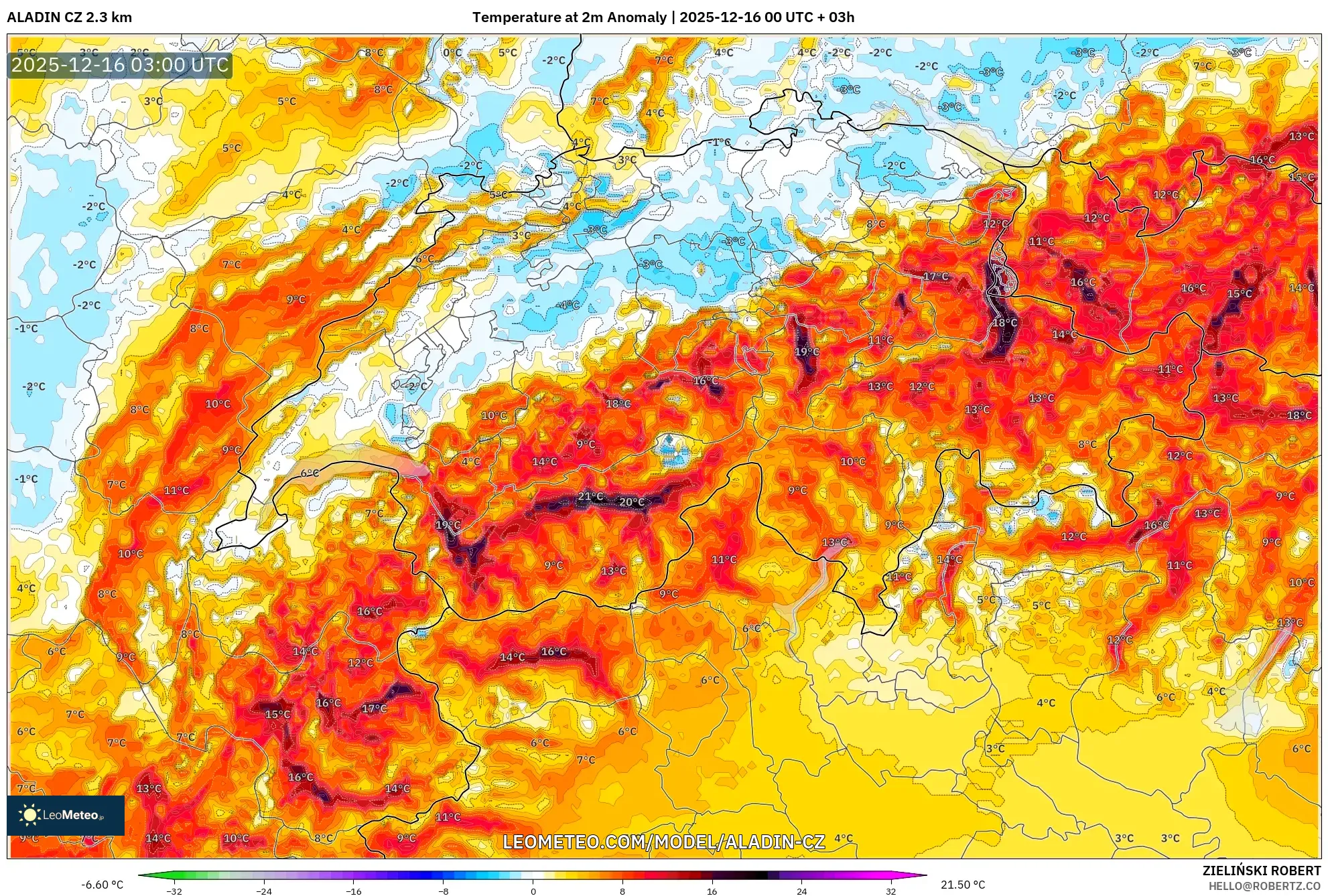 ALADIN CZ 2.3 km model - Switzerland, Temperature at 2m Anomaly