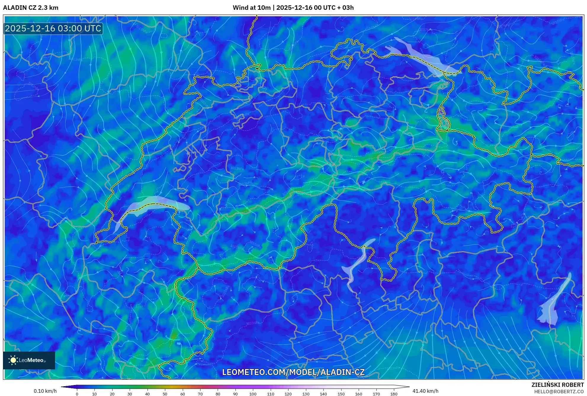ALADIN CZ 2.3 km model - Switzerland, Wind at 10m