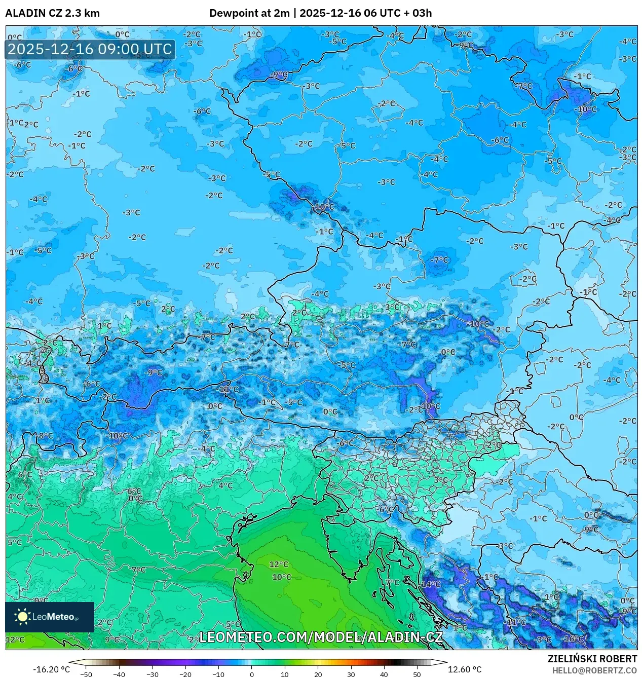 ALADIN CZ 2.3 km model - Austria, Dewpoint at 2m