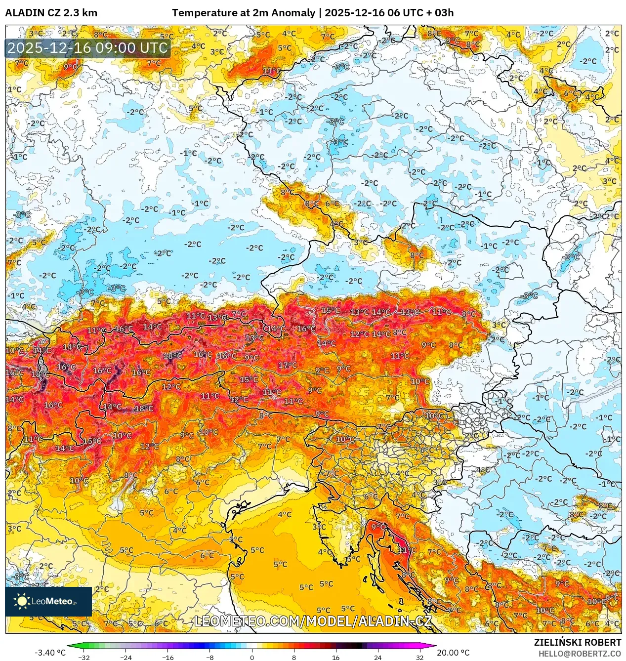 ALADIN CZ 2.3 km model - Austria, Temperature at 2m Anomaly