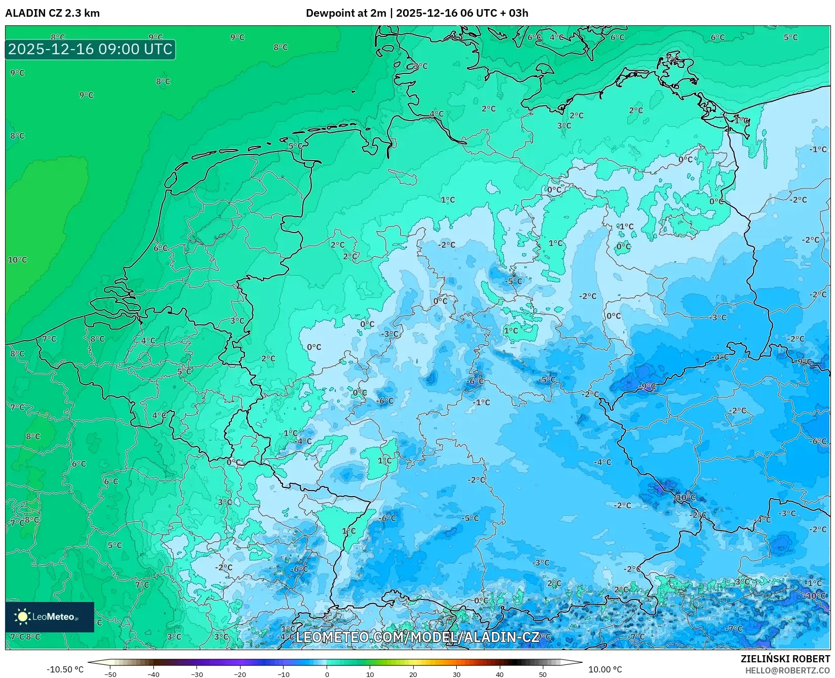ALADIN CZ 2.3 km model - Germany, Dewpoint at 2m