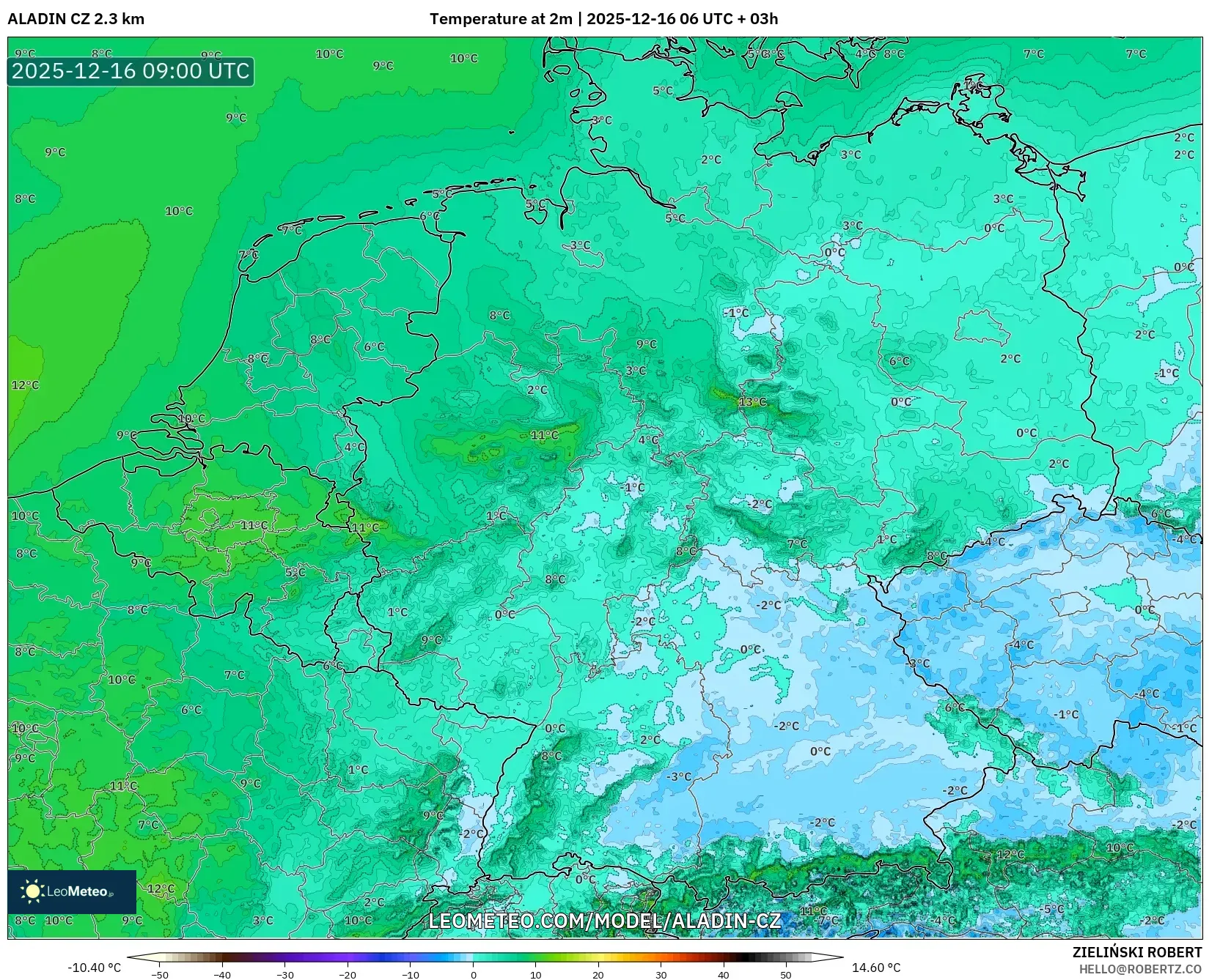 ALADIN CZ 2.3 km model - Germany, Temperature at 2m
