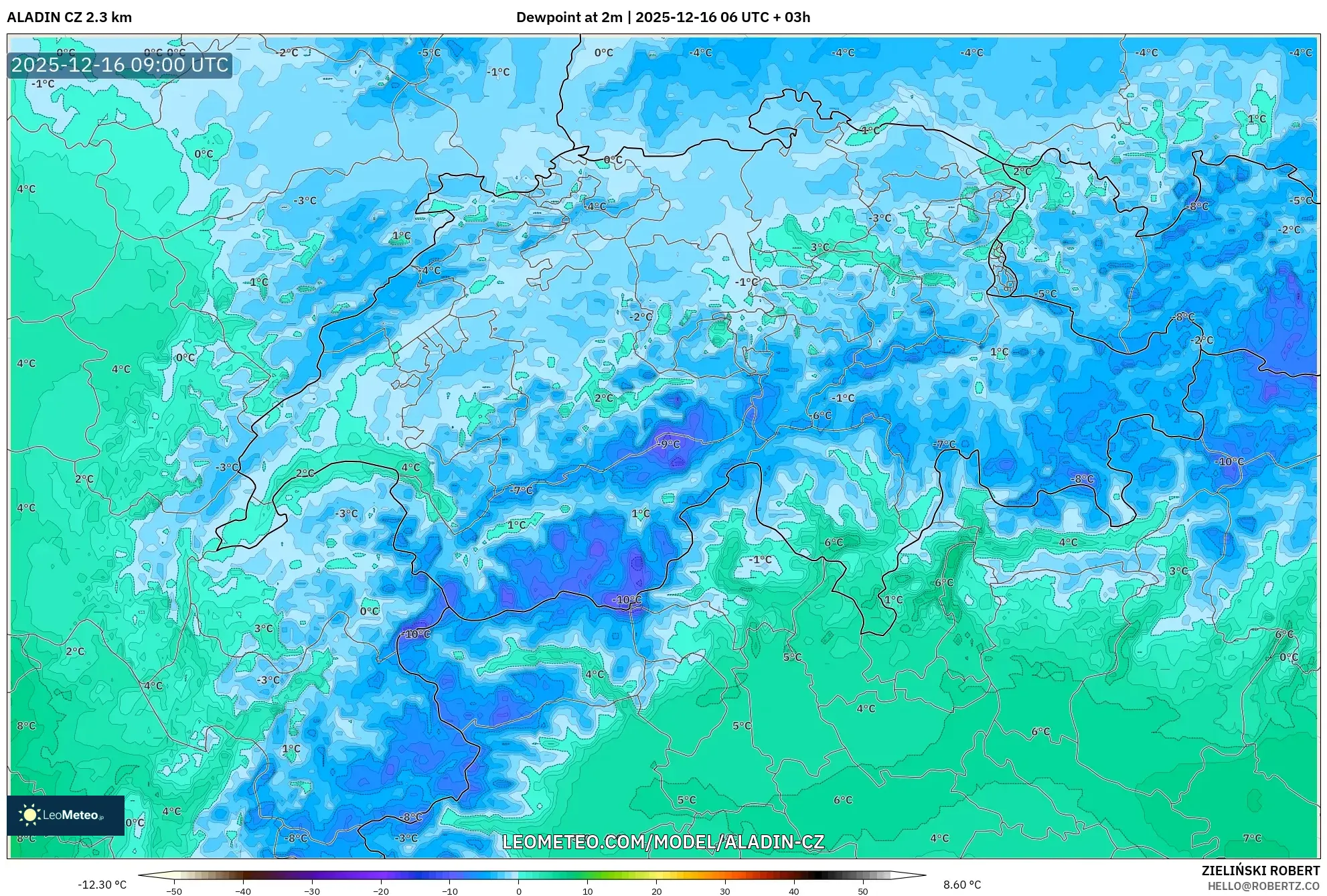 ALADIN CZ 2.3 km model - Switzerland, Dewpoint at 2m