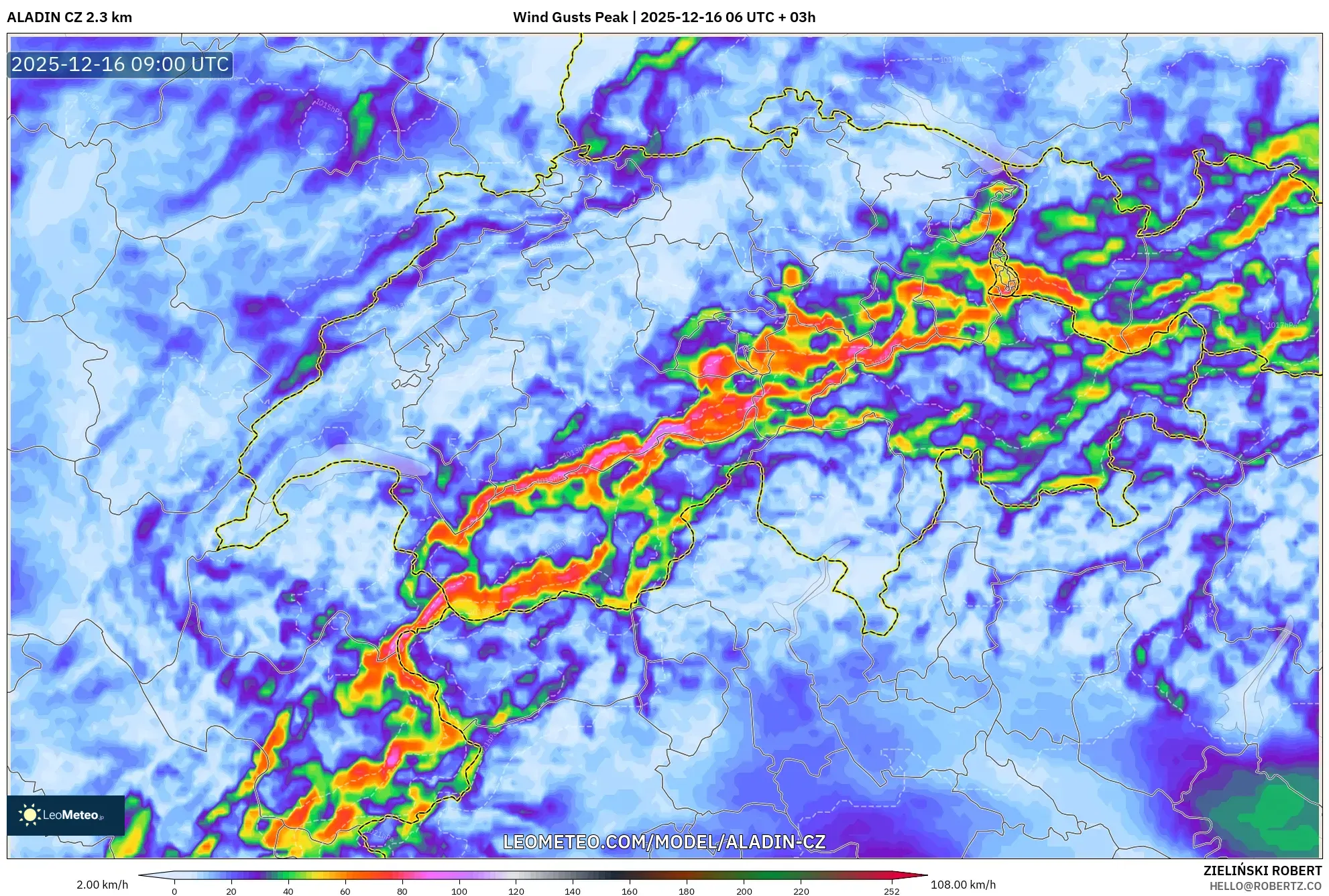 ALADIN CZ 2.3 km model - Switzerland, Wind Gusts Peak