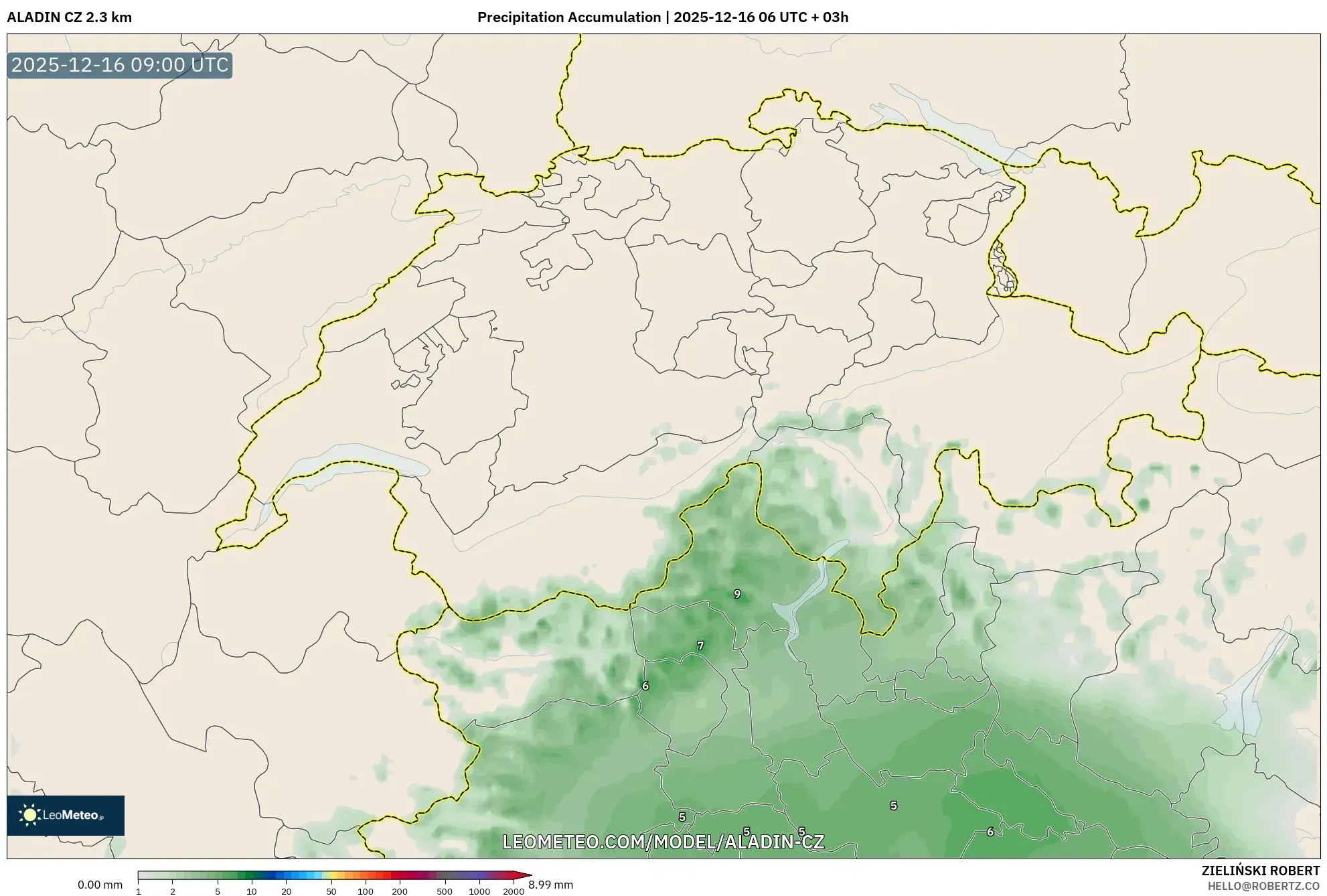 ALADIN CZ 2.3 km model - Switzerland, Precipitation Accumulation