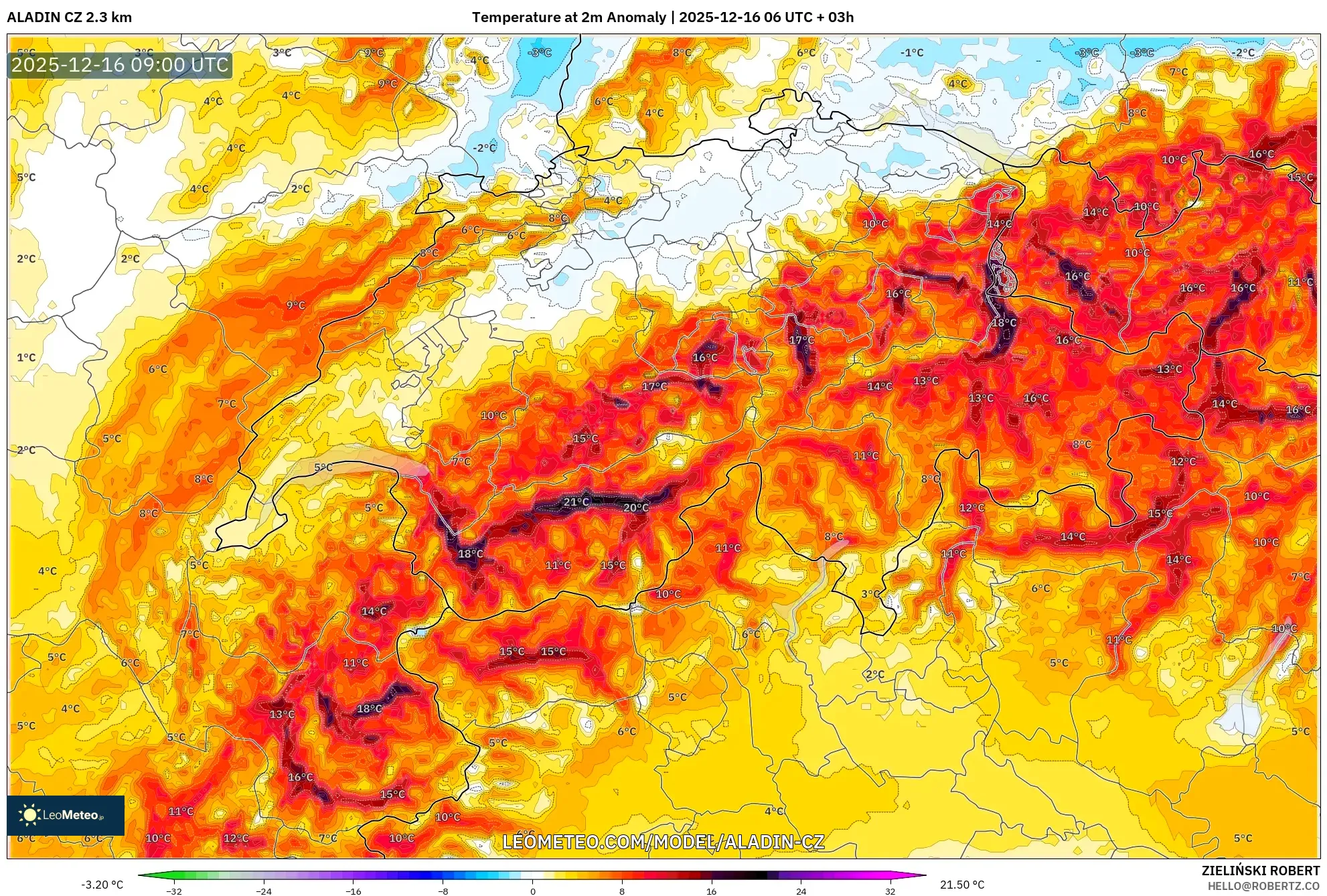 ALADIN CZ 2.3 km model - Switzerland, Temperature at 2m Anomaly