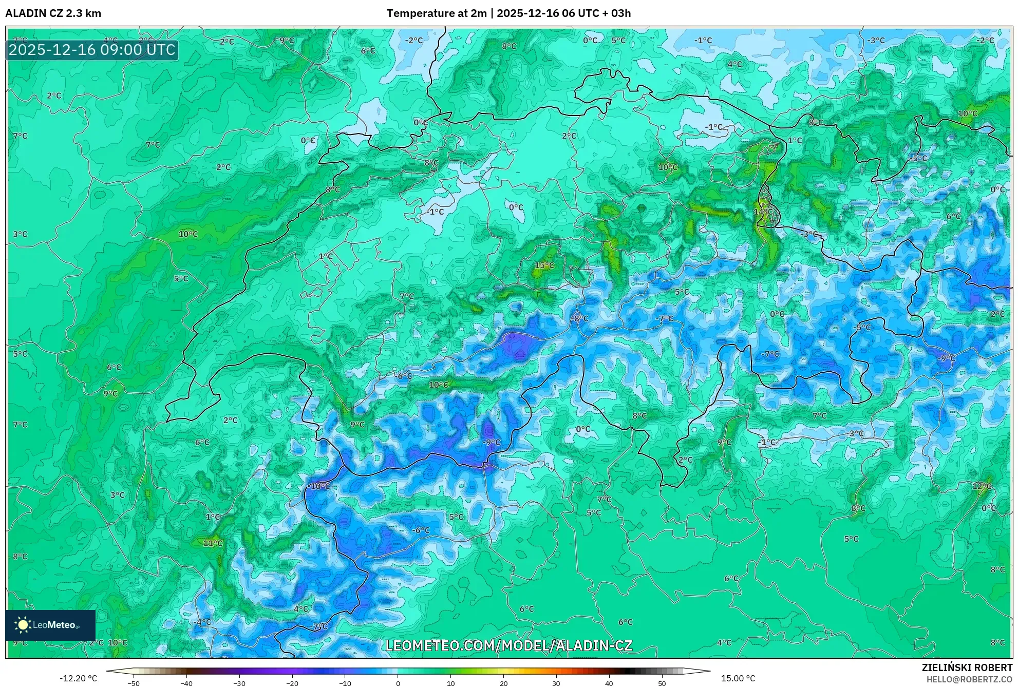ALADIN CZ 2.3 km model - Switzerland, Temperature at 2m