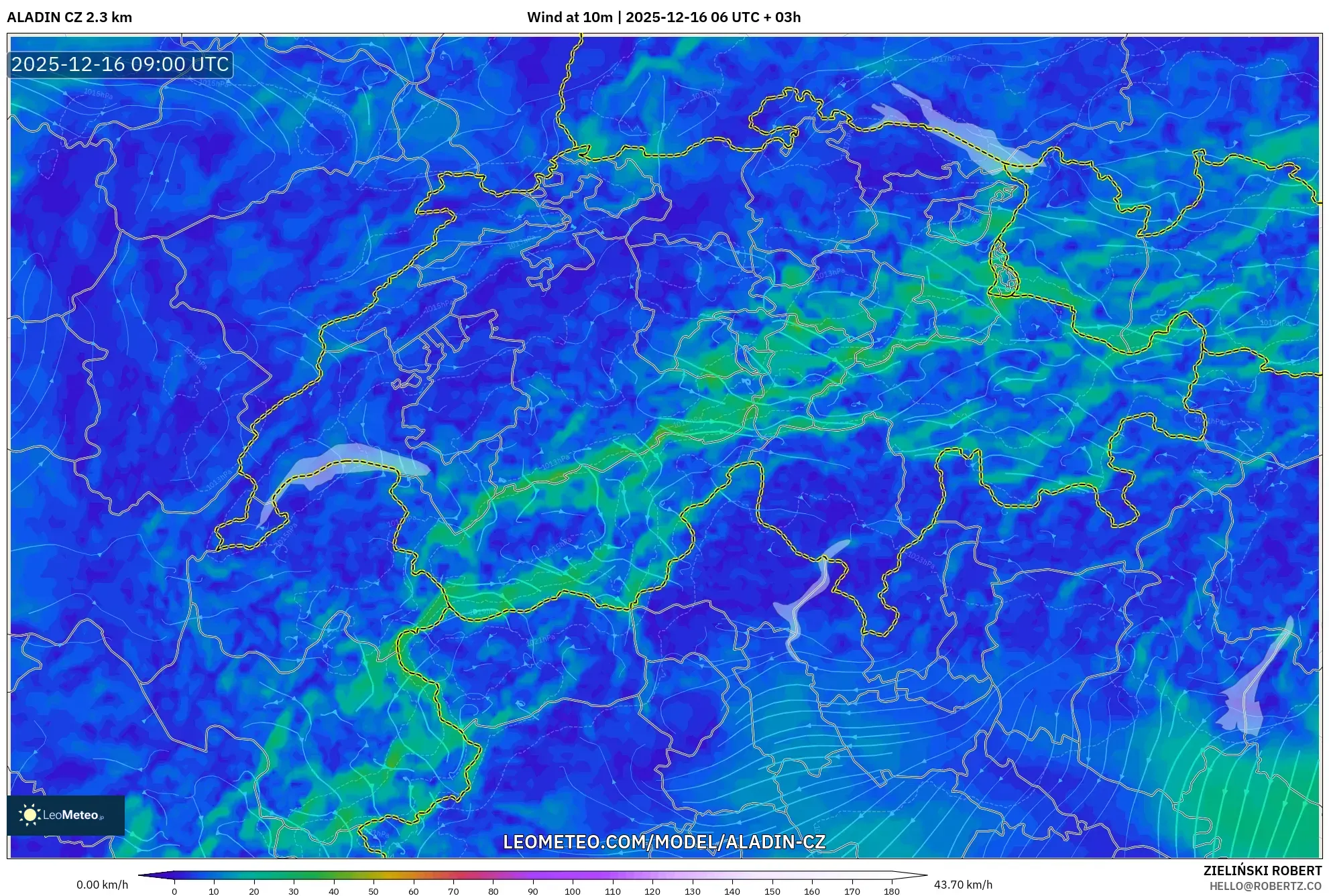 ALADIN CZ 2.3 km model - Switzerland, Wind at 10m