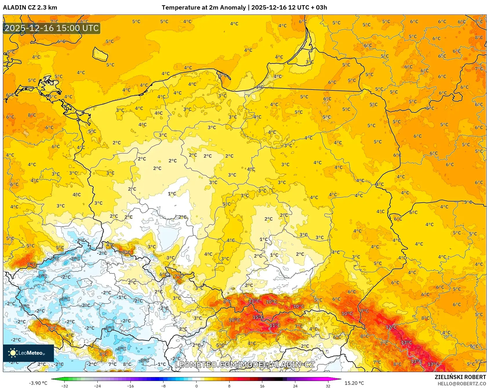 ALADIN CZ 2.3 km model - Poland, Temperature at 2m Anomaly