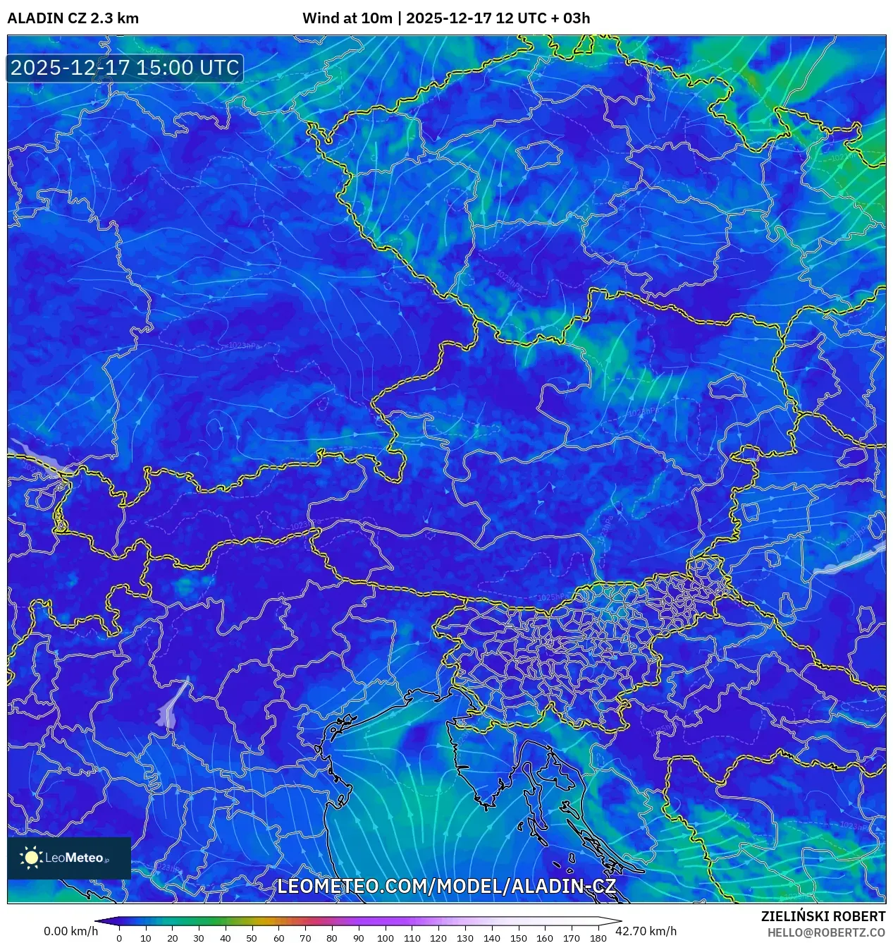 ALADIN CZ 2.3 km model - Austria, Wind at 10m