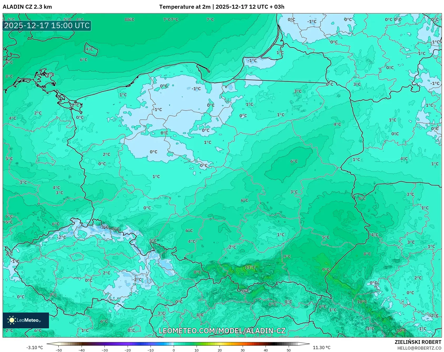 ALADIN CZ 2.3 km model - Poland, Temperature at 2m