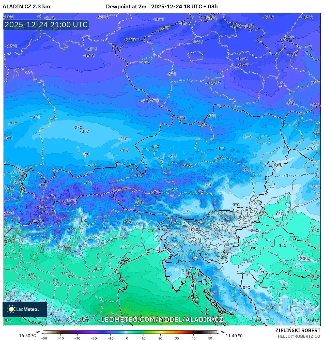 ALADIN CZ 2.3 km model - Austria, Dewpoint at 2m