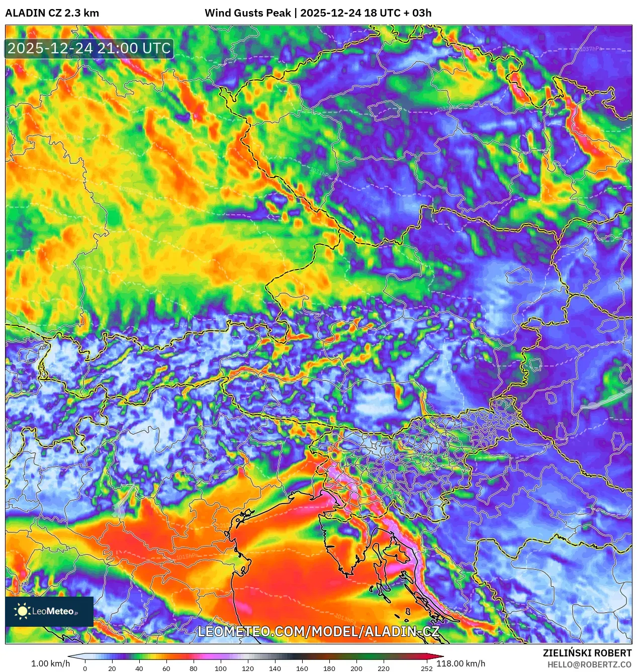 ALADIN CZ 2.3 km model - Austria, Wind Gusts Peak