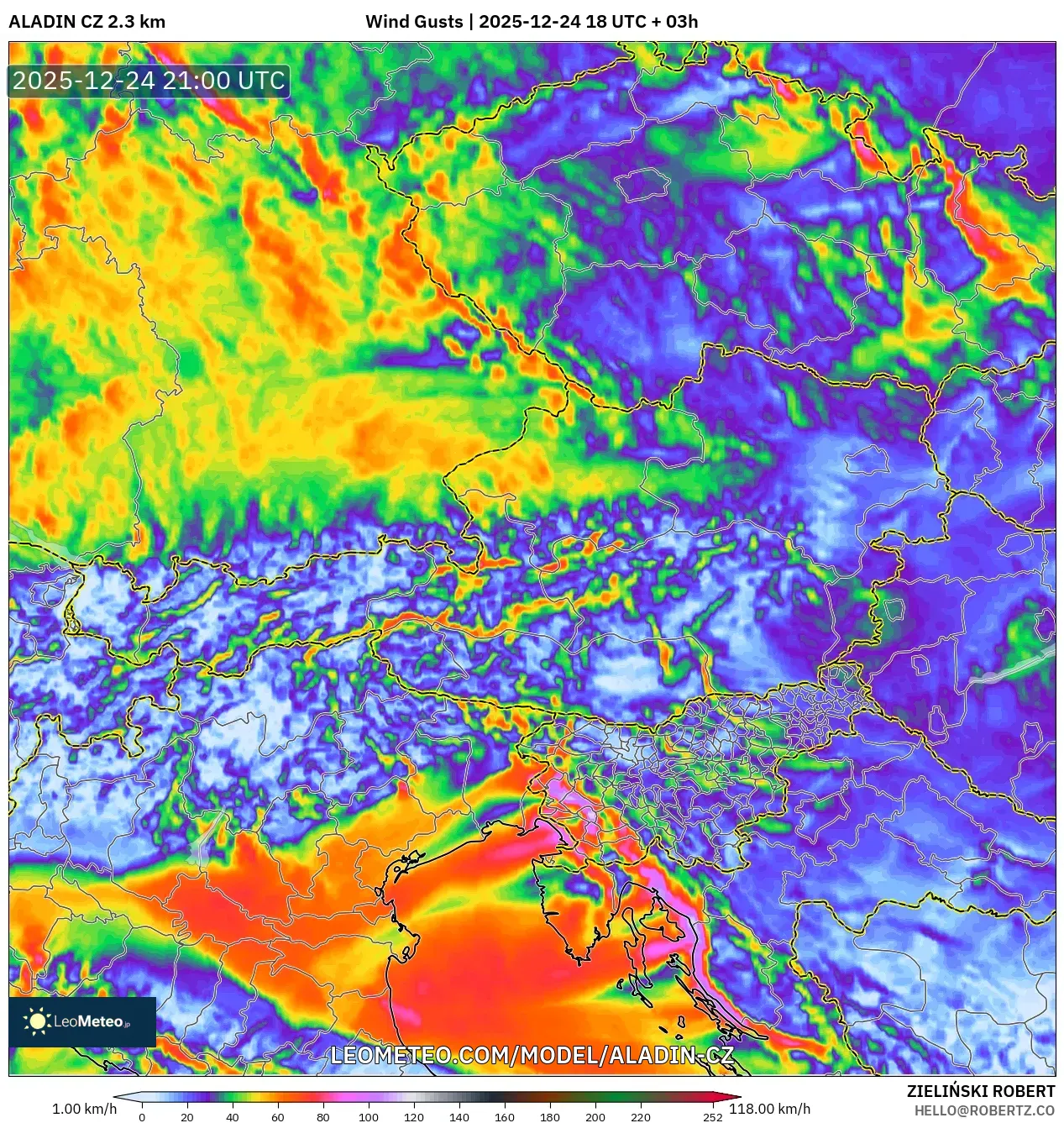 ALADIN CZ 2.3 km model - Austria, Wind Gusts