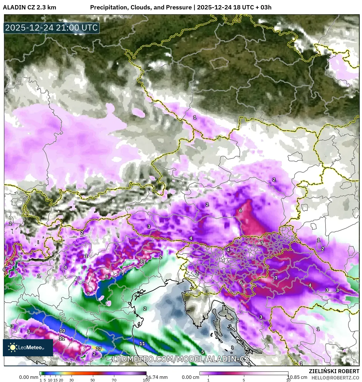 ALADIN CZ 2.3 km model - Austria, Precipitation, Clouds, and Pressure