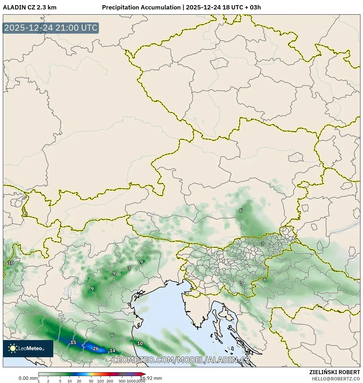 ALADIN CZ 2.3 km model - Austria, Precipitation Accumulation