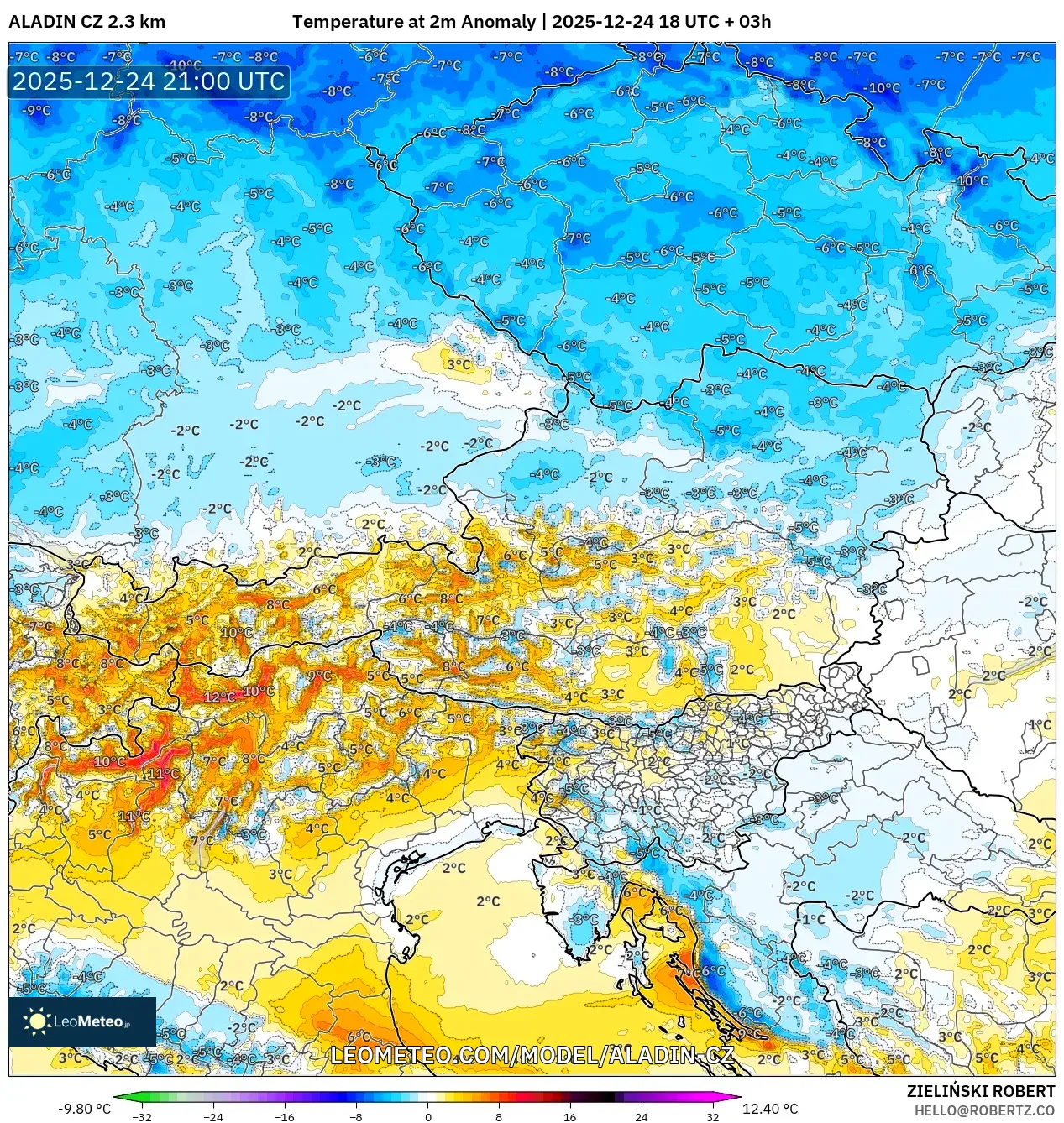 ALADIN CZ 2.3 km model - Austria, Temperature at 2m Anomaly