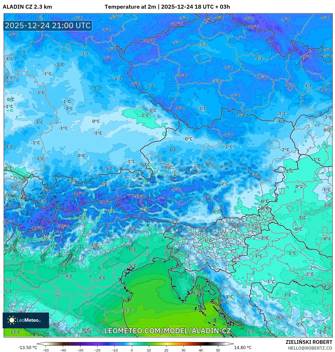 ALADIN CZ 2.3 km model - Austria, Temperature at 2m
