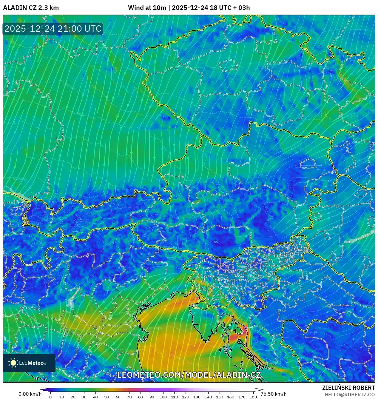 ALADIN CZ 2.3 km model - Austria, Wind at 10m