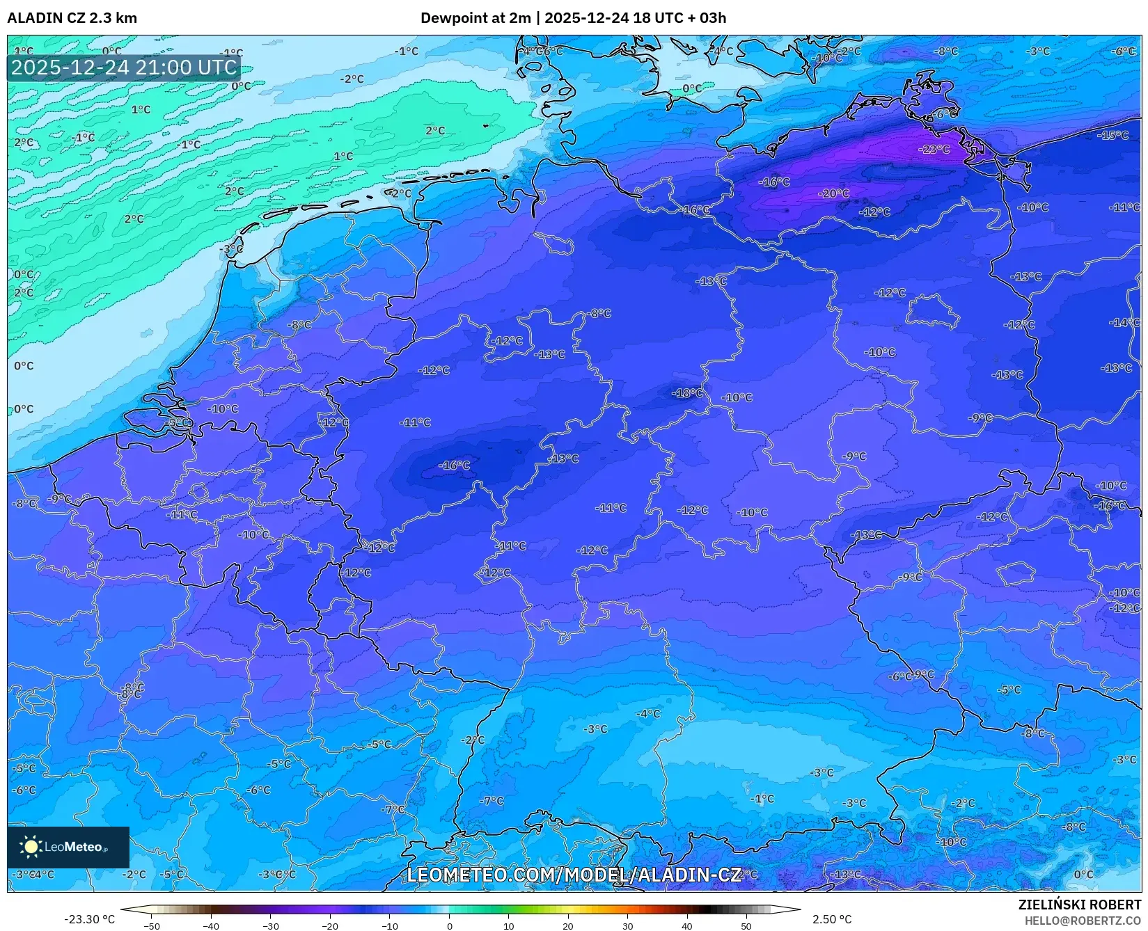 ALADIN CZ 2.3 km model - Germany, Dewpoint at 2m
